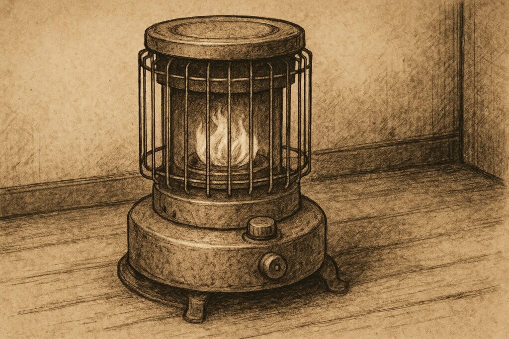 年季の入った円筒型ストーブが木の床の上に置かれ、金属部分のくすみや使用感が伝わる落ち着いた雰囲気のイラスト