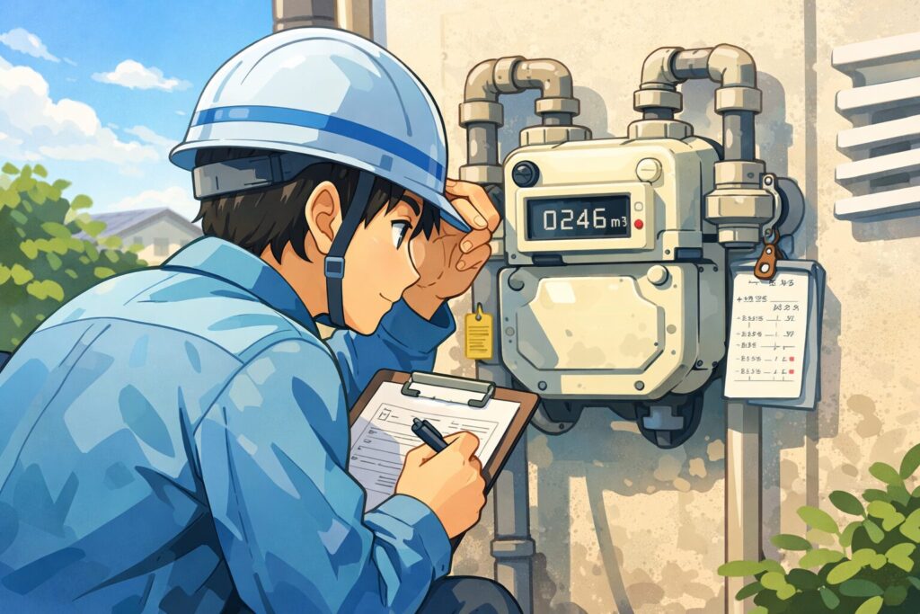 ガスメーターの表示を確認しながら、外壁に設置されたメーターを近距離で観察し、チェックリストに記録している作業員のイラスト