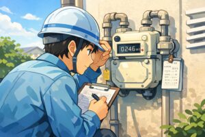 ガスメーターの表示を確認しながら、外壁に設置されたメーターを近距離で観察し、チェックリストに記録している作業員のイラスト