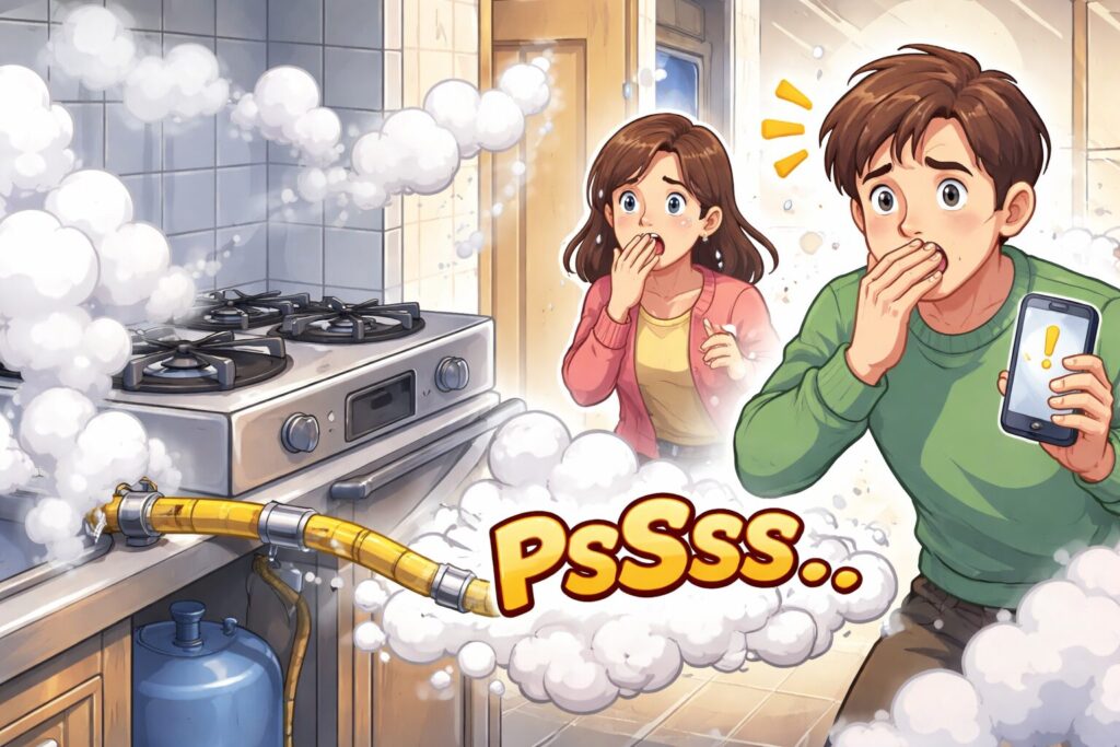 ガスコンロの接続ホースからガスが漏れ、煙のようなガスが広がる中、驚いた表情で口を押さえる男女がキッチンに立っている様子を描いたイラスト。男性はスマートフォンで警告を確認している。
