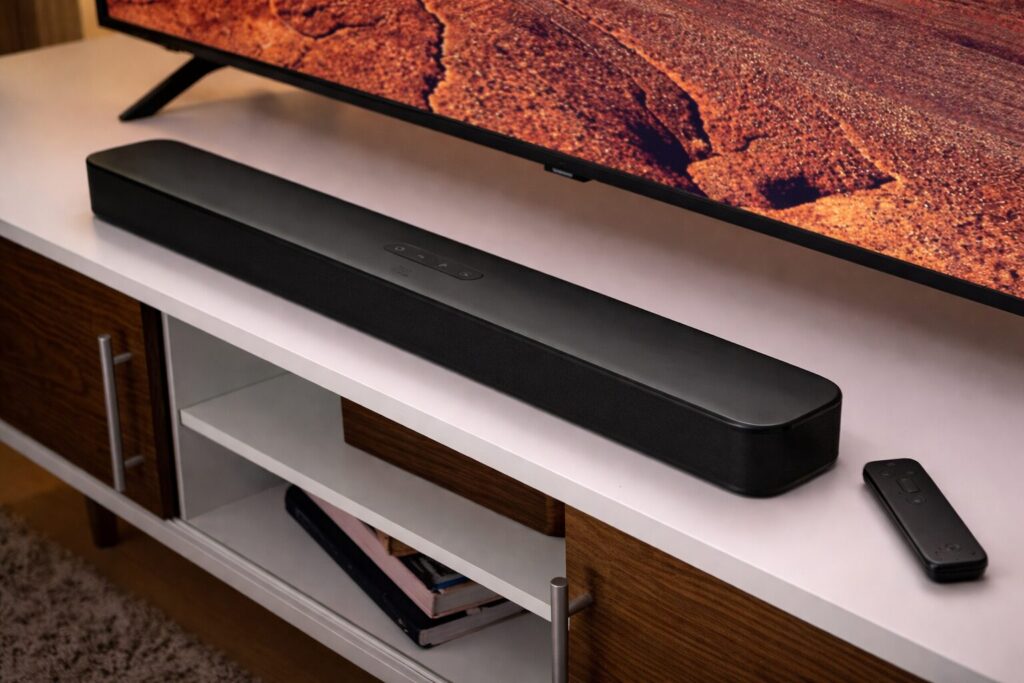 テレビ台の上に設置された黒色のサウンドバーと、その横に置かれたリモコン。薄型テレビの下に一直線に配置され、シンプルで統一感のあるリビングのAV機器構成がわかる構図。