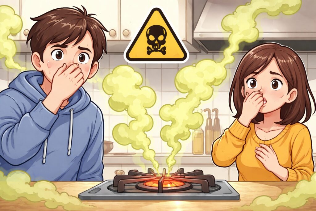ガスコンロ付近からガスのような臭いが漂い、室内で異変に気づいて不安そうに鼻を押さえる人たちの様子を表現したイメージイラスト