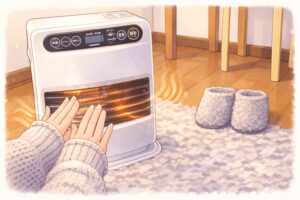 ストーブの前でニットを着た人物が両手をかざし、足元にはラグと室内用スリッパが置かれた、暖房で体を温めている室内の様子をやさしいタッチで描いたイラスト。
