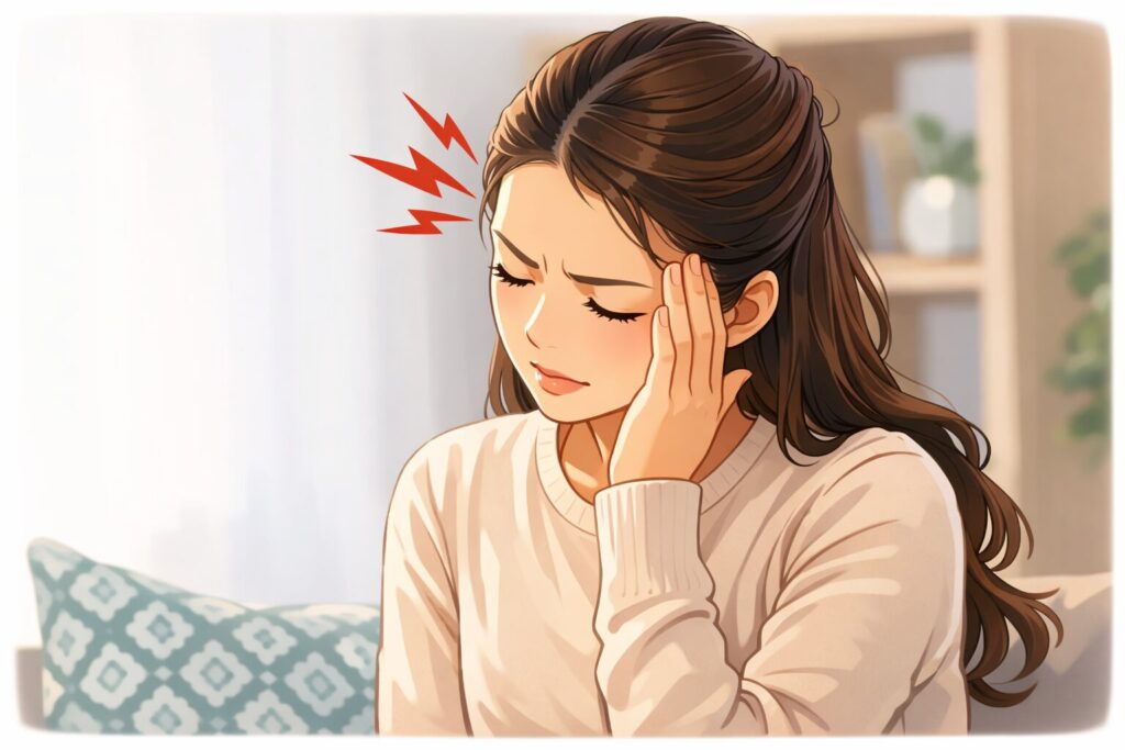 頭を抱えてこめかみを押さえ、室内で頭痛に悩んでいる様子の女性を描いたシンプルなイラスト。