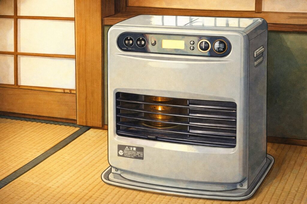 畳敷きの和室に設置された据え置き型の石油ファンヒーターを、やわらかいタッチで描いたイラスト。木枠の障子と畳の質感が伝わる室内で、操作パネルと前面ルーバーが見える構図。