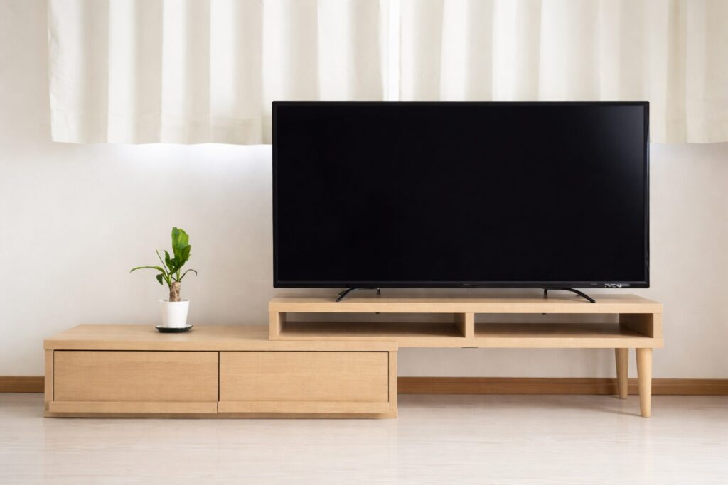 テレビ台の上に電源が入っていない薄型テレビが置かれ、横には小さな観葉植物が並ぶ、明るくシンプルなリビング空間の様子