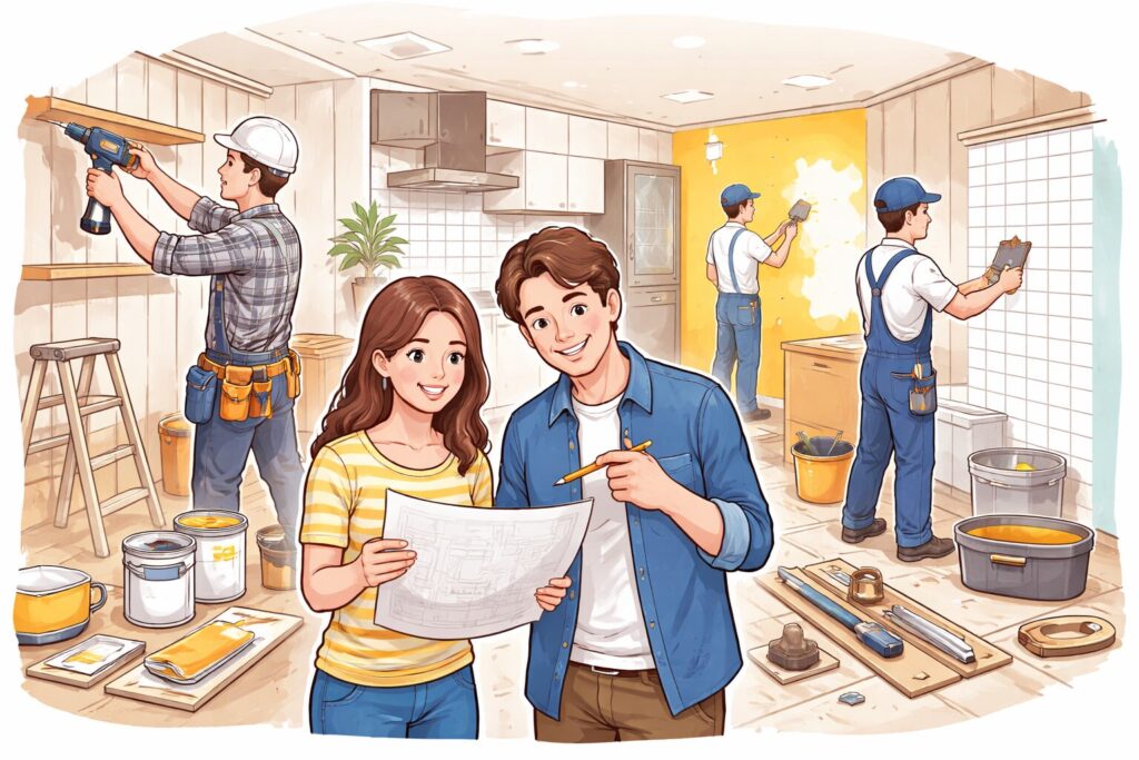 住まいのリフォーム計画を確認する夫婦と、室内で棚の取り付けや壁の塗装、タイル作業を進める職人たちが同時に作業している様子を描いたイラスト
