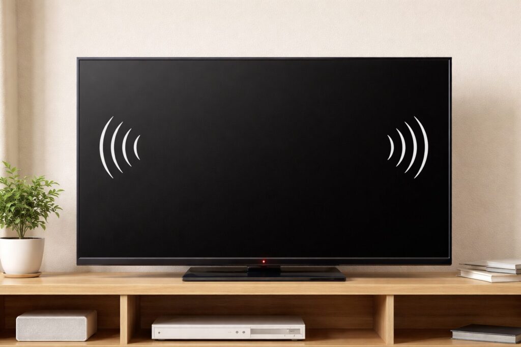 音は出ているものの映像が表示されず、画面が真っ黒なままの薄型テレビがリビングのテレビ台に設置され、画面の左右に音を示す波形アイコンが浮かんでいる様子