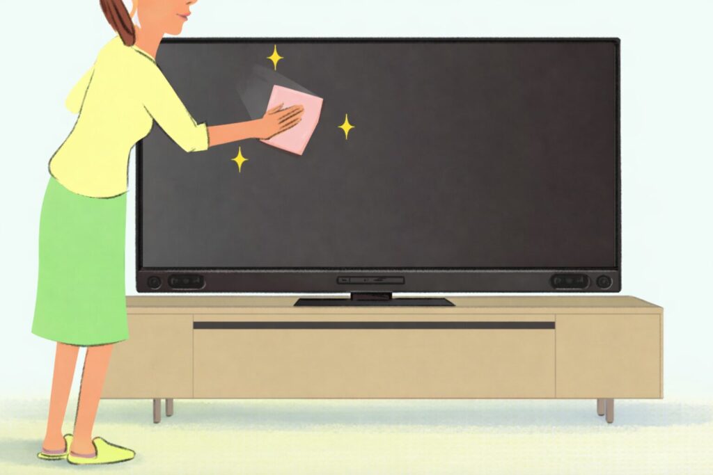 テレビ画面をやわらかい布で拭き取り、ホコリや指紋を掃除している様子を描いたシンプルなイラスト。画面にはきれいになったことを示す光の表現があり、テレビ台の上に設置された薄型テレビが横から見える構図。