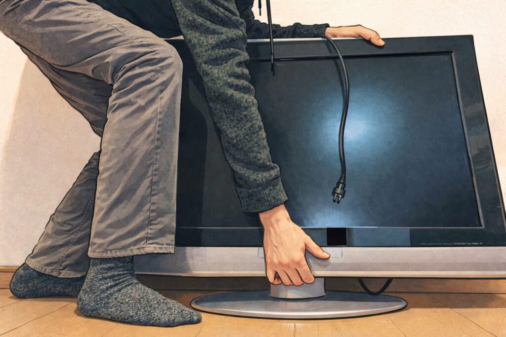 テレビ本体を床に置き、台座部分を手で支えながら位置を調整している様子をイラスト調で描いた構図。電源コードが背面から垂れ、室内の床上で設置作業をしている場面がわかる。