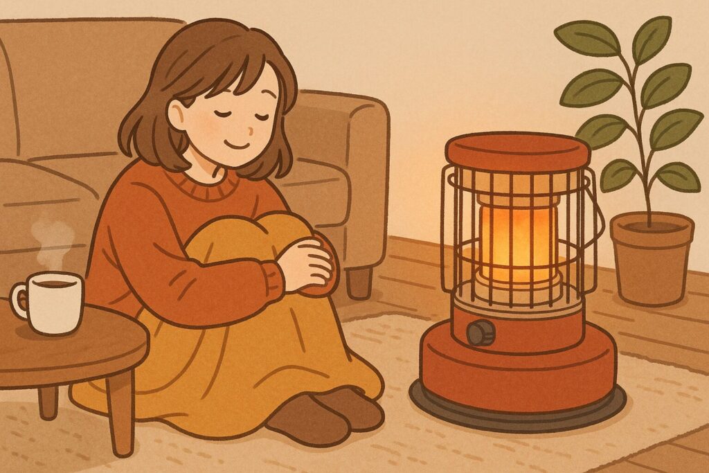 灯油ストーブの前でブランケットに包まり、マグカップをそばに置いてリビングで穏やかに暖をとる人物のイラスト