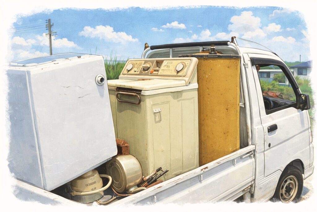 古い洗濯機や冷蔵庫などの大型家電を荷台いっぱいに積み込んだ軽トラックが、青空の下の屋外に停まっている様子をやさしいタッチで描いたイラスト