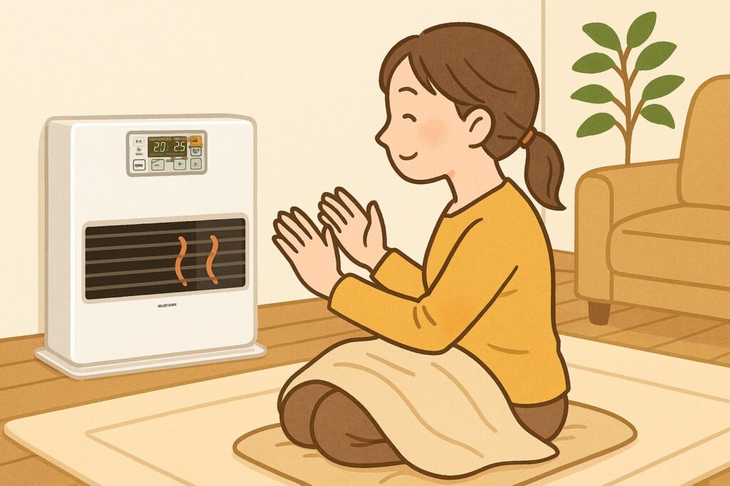 快適にストーブの温風に手をかざして温まっている女性が、壁際に置かれた白いファンヒーターの前でくつろいでいる様子のイラスト