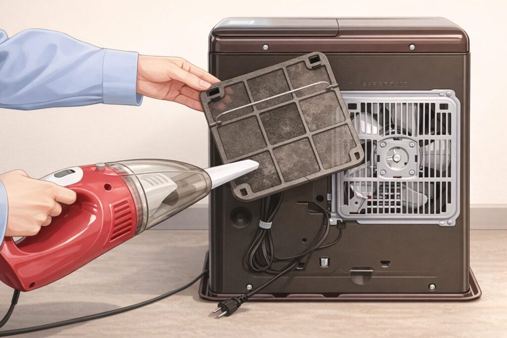 ファンヒーターの埃が付着したフィルターを丁寧に掃除している