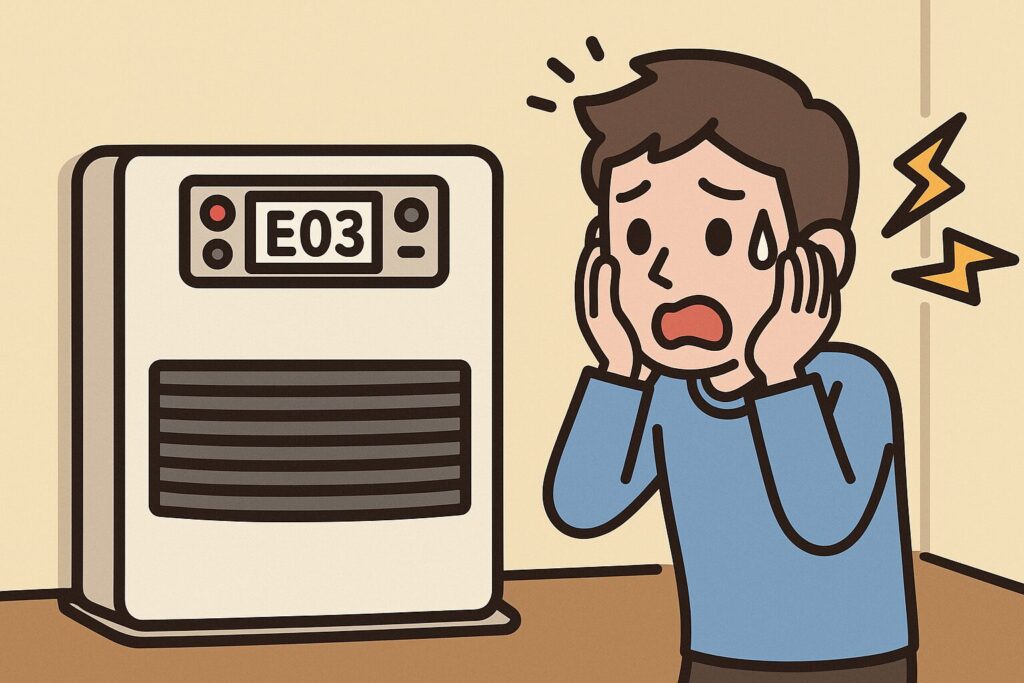 エラー「E03」が表示されたサンポット製FF式石油ストーブを前に、男性が驚いて焦っている様子を描いたイラスト。壁際に置かれた白いストーブの表示パネルが強調され、男性は不安そうに顔を押さえて汗を流している。