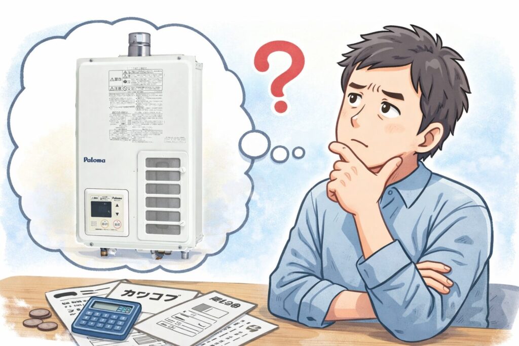 給湯器の購入を検討し、腕を組んで顎に手を当てながら悩んでいる父親と、頭の中に思い浮かべた家庭用給湯器や見積書、電卓が描かれているイメージイラスト
