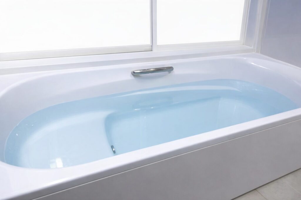 白い浴槽にお湯が張られ、明るい窓から自然光が差し込む清潔感のある浴室の様子
