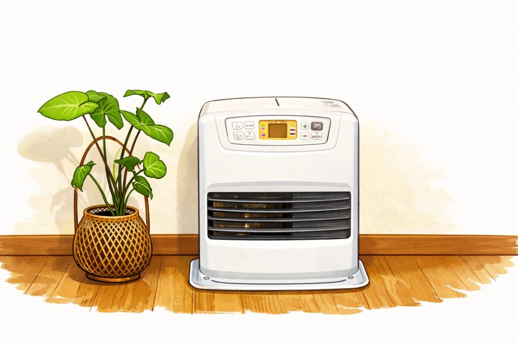 白い石油ファンヒーターが木目の床に設置され、その左側に観葉植物の鉢が置かれた室内風景を、やわらかいタッチで描いたイラスト風の画像