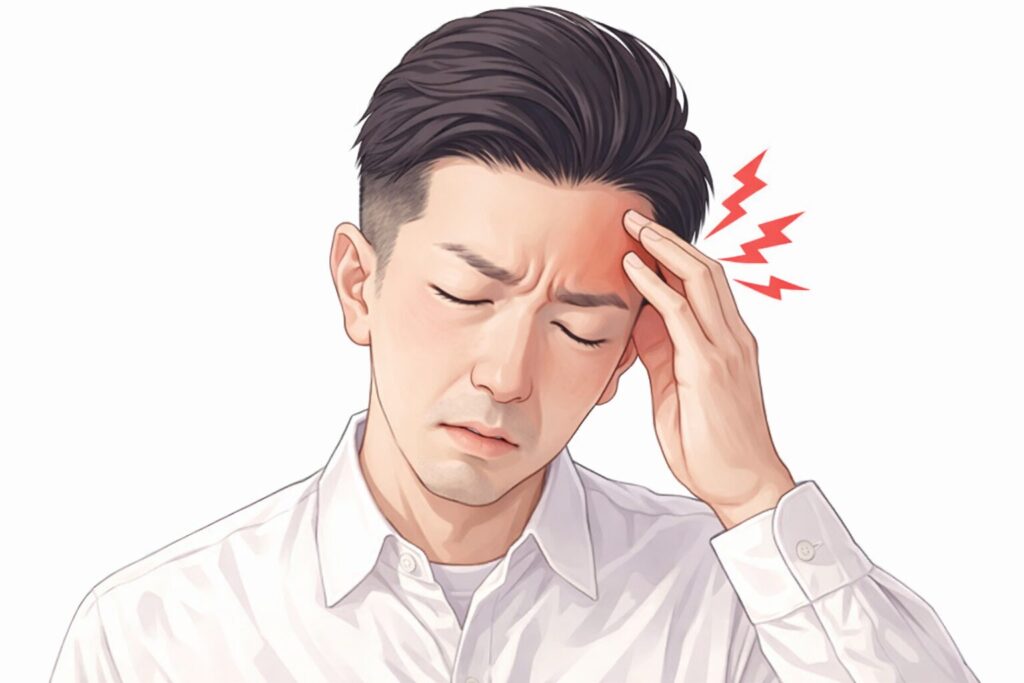 頭を抱えてこめかみを押さえ、頭痛でつらそうな表情をしている男性を横向き構図で描いたシンプルなイラスト。