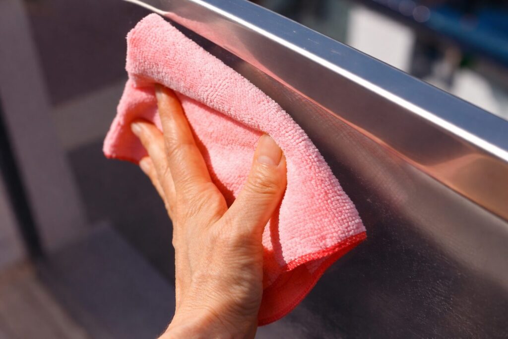 ピンク色のマイクロファイバークロスを手に持ち、テレビのフレームや縁部分をやさしく拭き取っている手元の様子