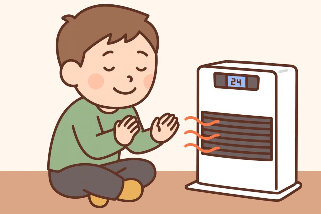 ストーブの温風に手をかざして、床に座りながら気持ちよさそうに暖まっている人物を描いたイラスト。