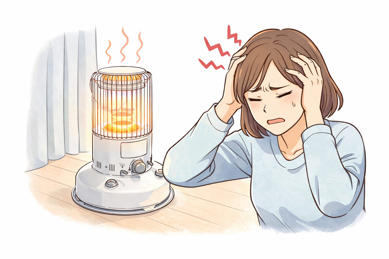 室内で点火したストーブのそばに座り、頭を抱えてつらそうな表情を浮かべる人物が、頭痛の症状を感じている様子を表したシンプルなイメージイラスト。