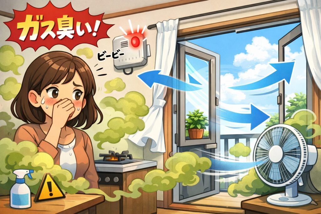 ガスの臭いに気づいて不安そうな表情を浮かべながら、室内の窓を開けて換気扇と扇風機で空気を外に逃がしている様子を描いたイラスト