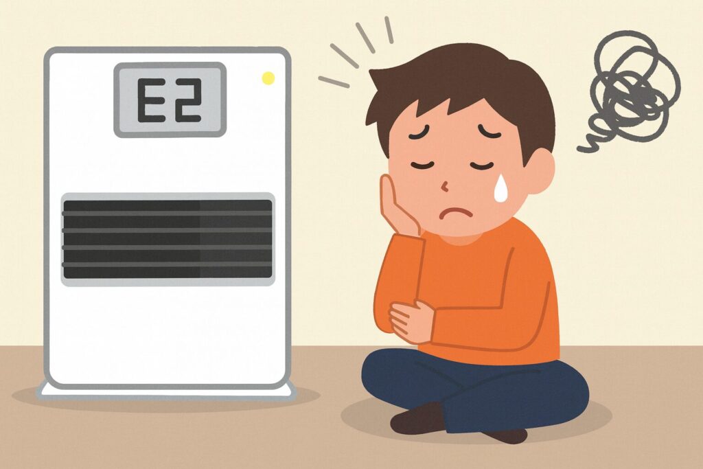 ストーブにエラー「E2」が表示されて停止し、床に座り込んで困っている表情の男性が涙を浮かべているイラスト。