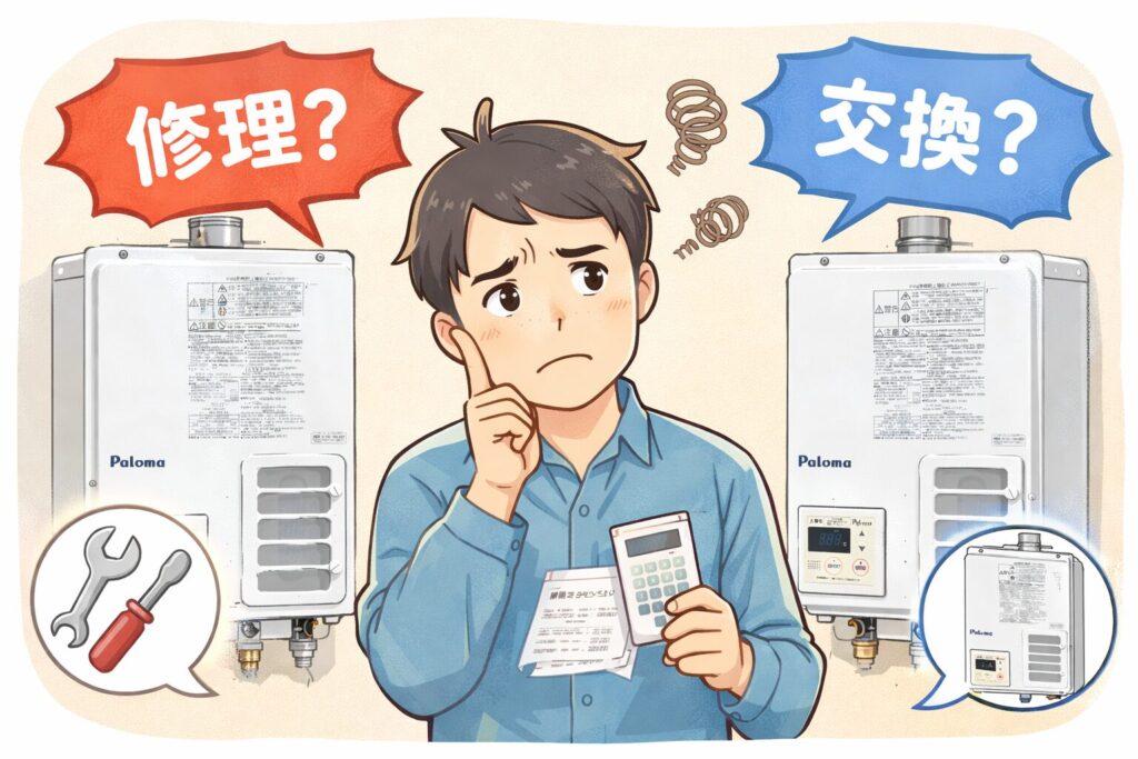 ガス給湯器の前で、修理にするか交換にするかを考え込み、計算機と明細を手に悩んでいる父親のイメージイラスト