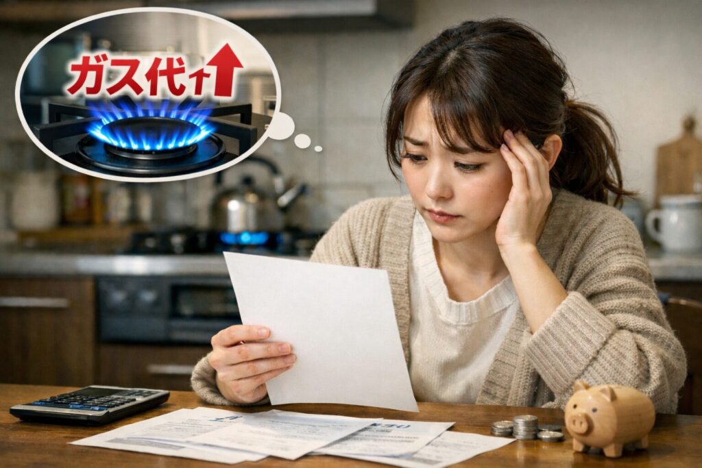 ガス料金の請求書を見て悩む女性が、キッチンのテーブルで白紙の紙を手に考え込んでいる様子。卓上には電卓や小銭、貯金箱が置かれ、ガス代の上昇を連想させるイメージが背景に表れている。