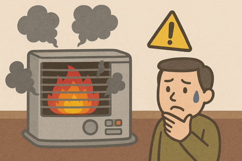 ストーブ本体から黒い煙が立ち上り、異常に燃焼している様子を前に、困惑した表情で様子を確認している人物が描かれた故障イメージのイラスト