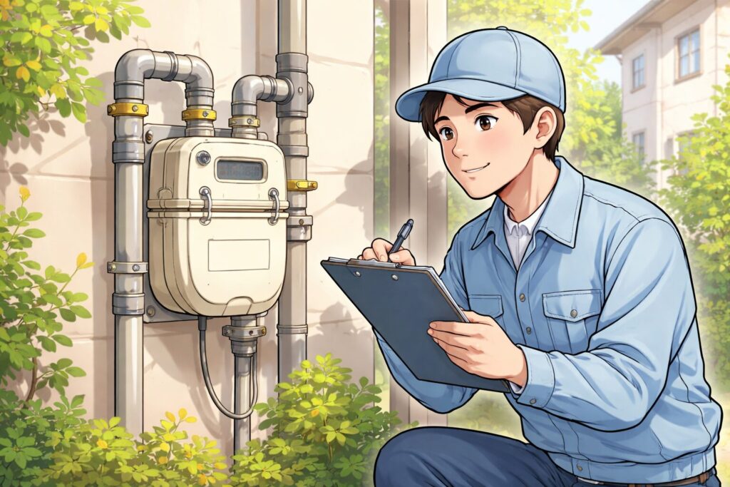 住宅の外壁に設置されたガスメーターを、点検用のボードを持ちながら近くで確認・観察している人物の様子を描いたイラスト