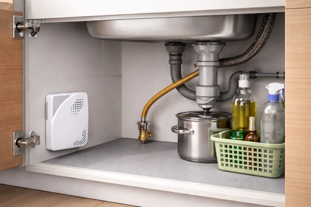 LPガス警報器がキッチンのシンク下収納内、床から30cm以内の低い位置に設置され、配管やガス栓の近くで漏れを検知できるよう配置されている様子を表した室内イメージ画像