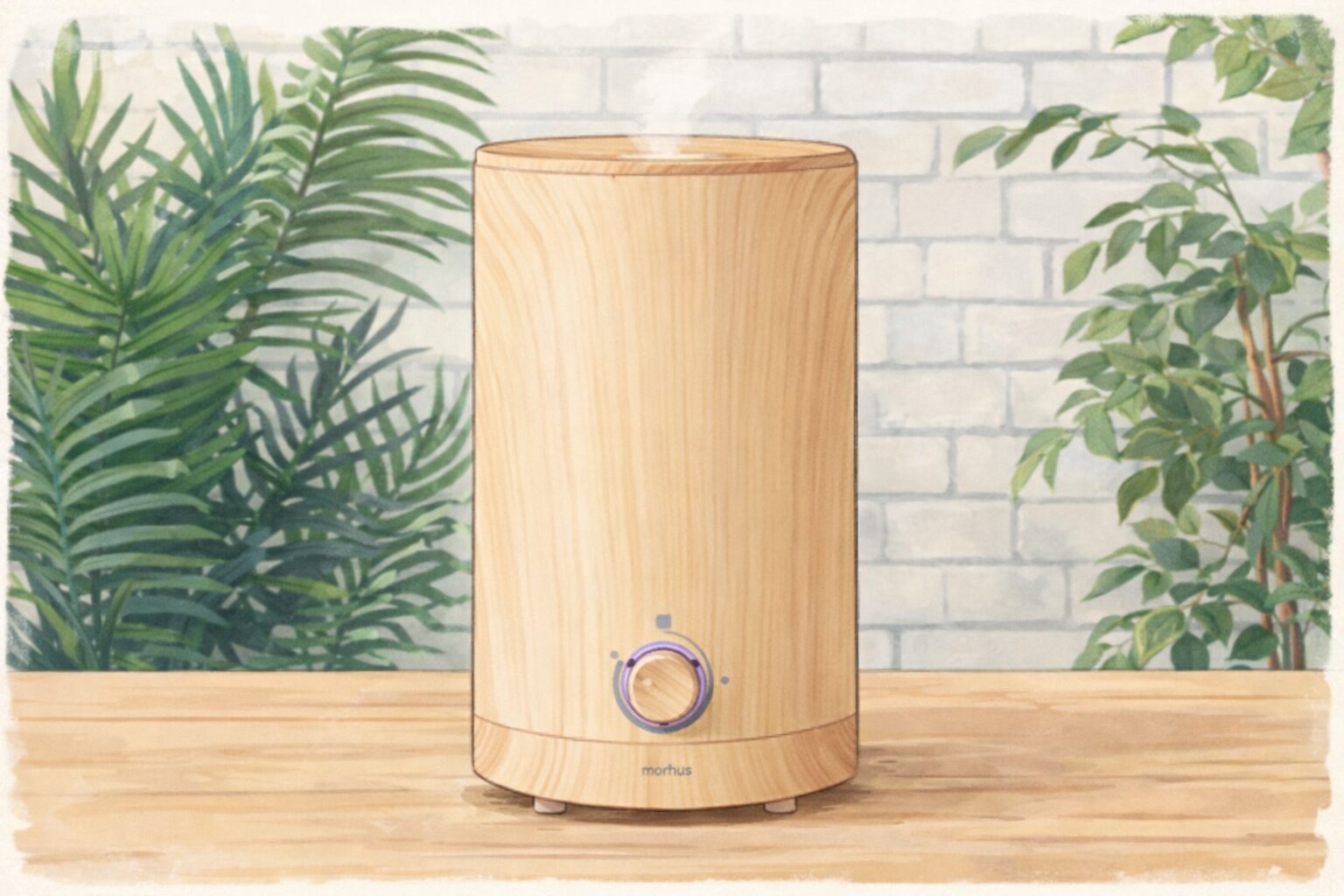 木目調デザインの円筒型加湿器を、室内のテーブル上に設置した様子をイラスト風で表現したイメージ。背後には観葉植物と白いレンガ調の壁があり、ナチュラルで落ち着いた生活空間の中で使用されている雰囲気が伝わる構図。