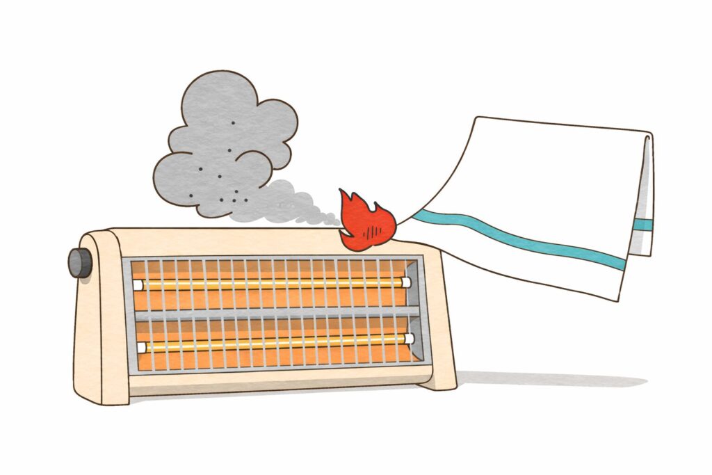 可燃物が近接した状態で使用されている電気ストーブの前面イラスト。発熱部の上にタオルが垂れ下がり、先端が燃えて煙が立ち上っている様子が描かれ、火災リスクのある使い方を示している。