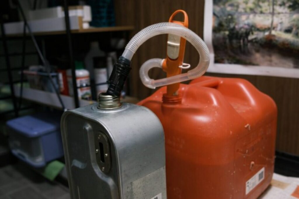 金属製の灯油缶と赤い樹脂製ポリタンクを並べ、透明ホース付きの灯油ポンプで給油している様子。屋内の保管棚を背景に、給油口とホース接続部がはっきり見える構図。