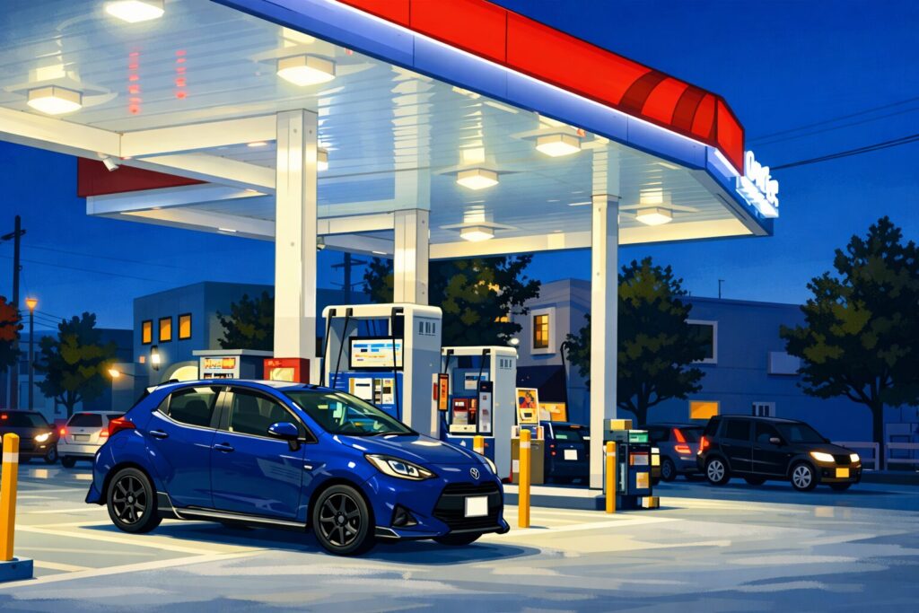 夜間のガソリンスタンドで、屋根付きの給油スペースに青い乗用車が停車している様子をイラスト風に描いた場面。明るく照らされた給油機や支柱、背景に建物や他の車が見え、営業中のガソリンスタンドの雰囲気が伝わる。