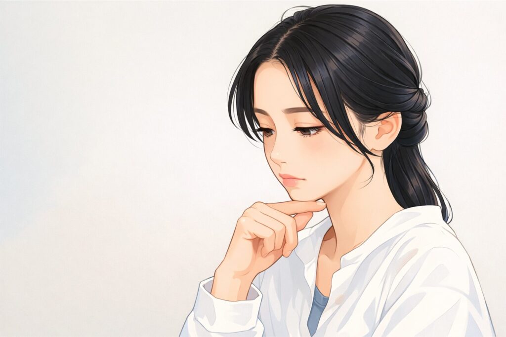 思案する表情で顎に手を添え、白い服を着た女性が静かな室内空間で考え込んでいる様子をイラスト風に描いた横長の人物イメージ。
