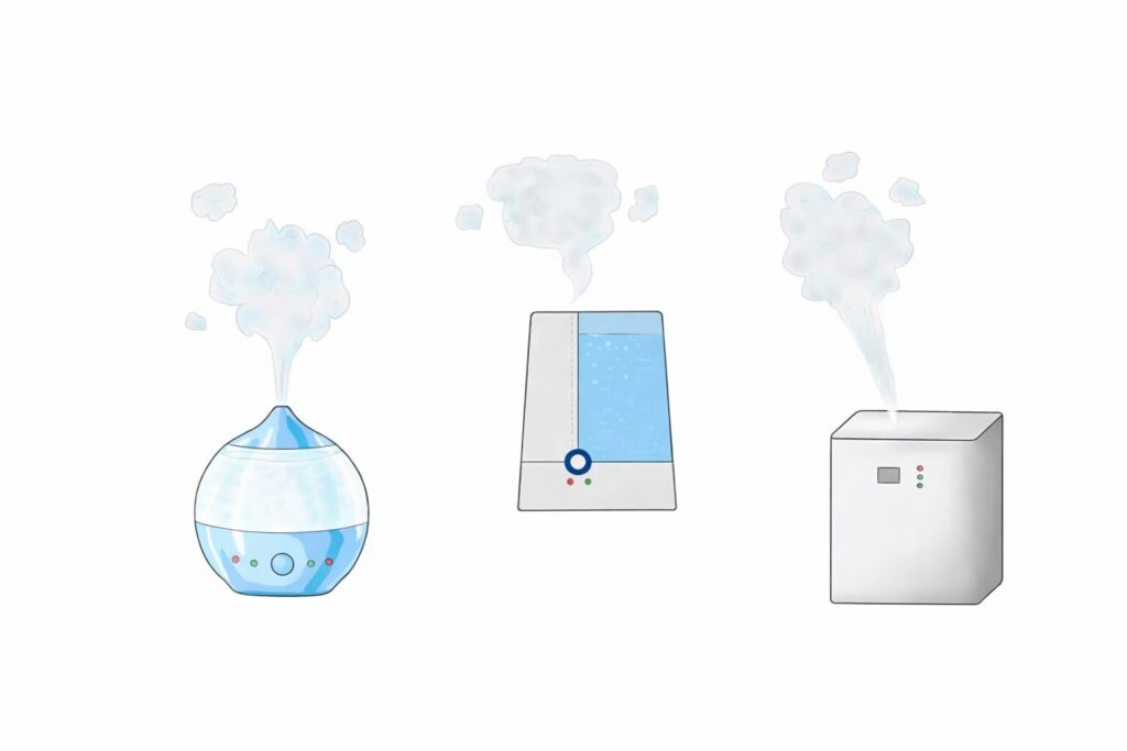 異なる形状の加湿器が並び、それぞれから蒸気が出ている様子を描いたイラスト。超音波式や据え置き型などの違いが視覚的に表現されている。
