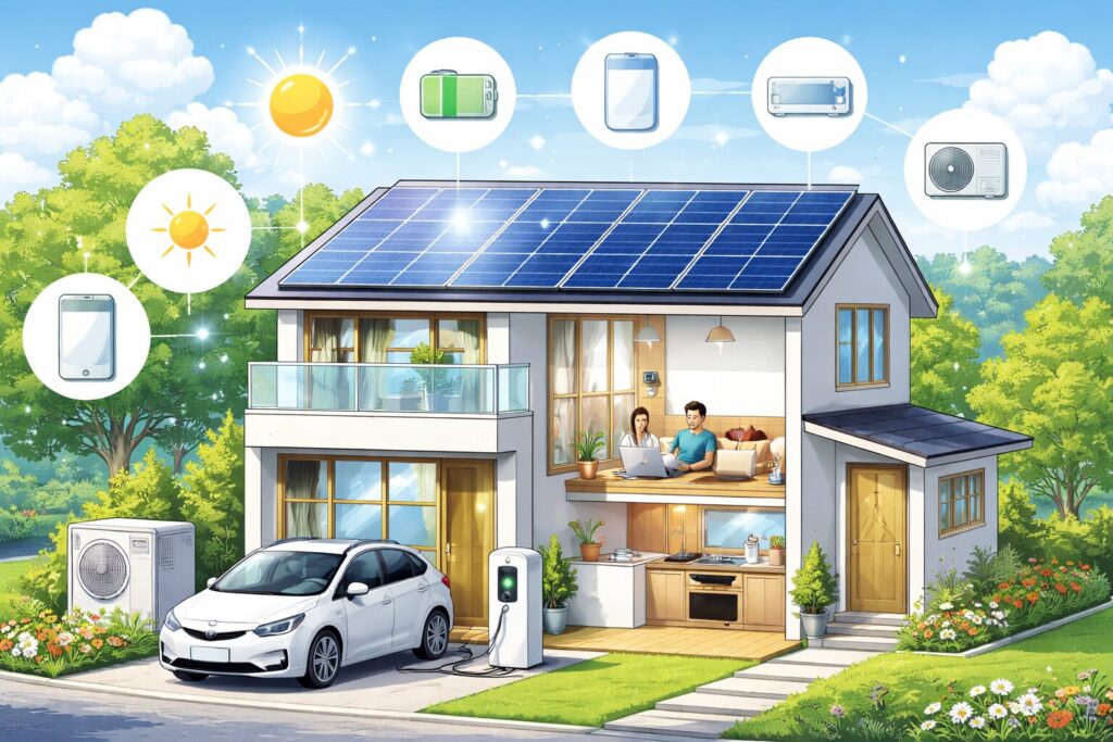 太陽光パネルを屋根に設置したオール電化住宅の外観で、庭に面した一戸建ての前に電気自動車の充電設備があり、室内では家族が電化製品を使って生活している様子が描かれている。