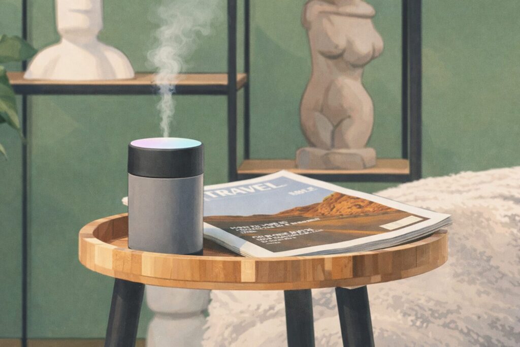 加湿器（アロマディフューザー）が木製の丸テーブルの上に置かれ、やわらかな蒸気が立ち上っている様子をイラスト風に描いた室内インテリアのイメージ。背後にはグリーンの壁と棚があり、雑誌やオブジェが並ぶ落ち着いた空間が表現されている。