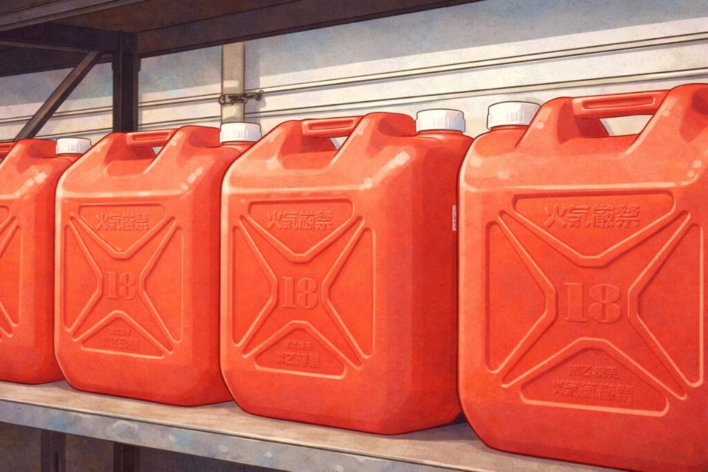赤色の灯油用ポリタンクが複数並んで金属製の棚に収納されている様子を、やわらかいタッチで描いたイラスト。白いキャップ付きのポリタンクが横一列に整然と配置され、屋内の保管環境がわかる構図になっている。