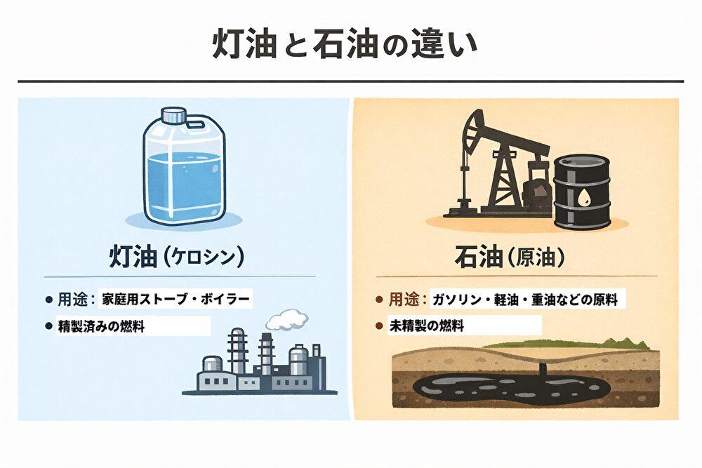 灯油と石油の違いを左右に分けて示した図解。左側には家庭用ストーブや給湯器に使われる精製済み燃料の灯油をポリタンクのイラストで表し、右側にはガソリンや軽油などの原料となる未精製の石油を油田設備と原油層のイラストで表している。
