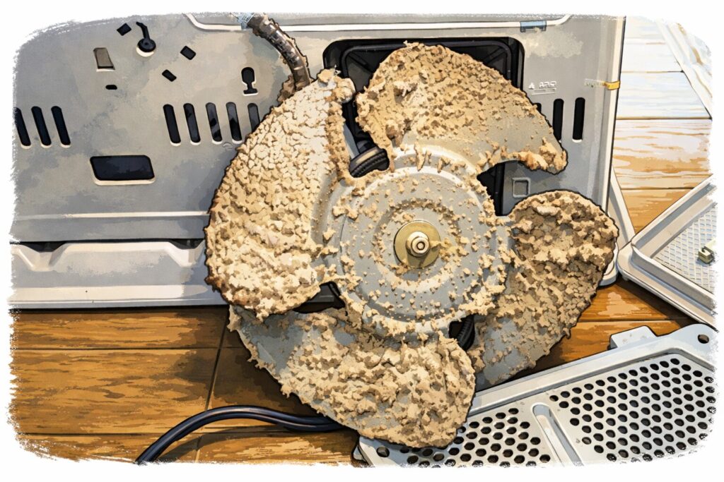 石油ファンヒーターを分解して取り外した送風ファンに大量のホコリが固着している様子をイラスト風に表現した画像で、本体内部と床に置かれたフィルター部品が確認できる状態