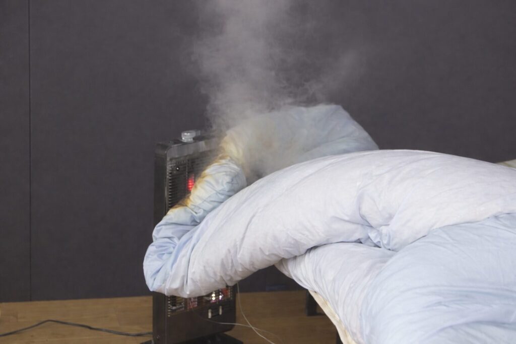 電気ストーブの前面に布団がかかり、接触部分から白い煙が立ち上っている様子。布団の一部は熱で変色しており、床に置かれた黒い電気ストーブの運転ランプが点灯している。