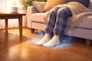 床暖房のないリビングで、ソファに座る人物の足元だけが冷えている様子。薄手の白い靴下を履いた足元に冷気が漂い、室内は明るく暖かそうに見える一方で、床付近の寒さが伝わるイラスト。