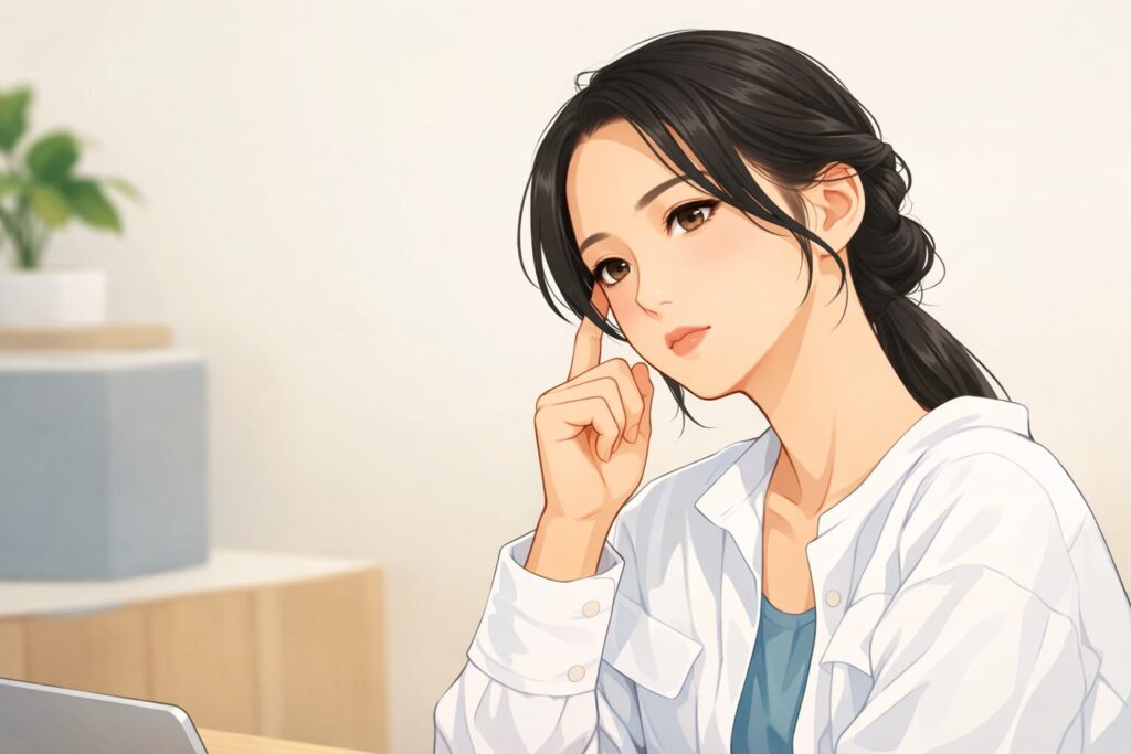 考え込む表情の女性が、室内で机に向かいながらこめかみに指を当てて思案している様子を、やわらかな色合いのイラスト風タッチで描いた横長構図の人物イメージ。