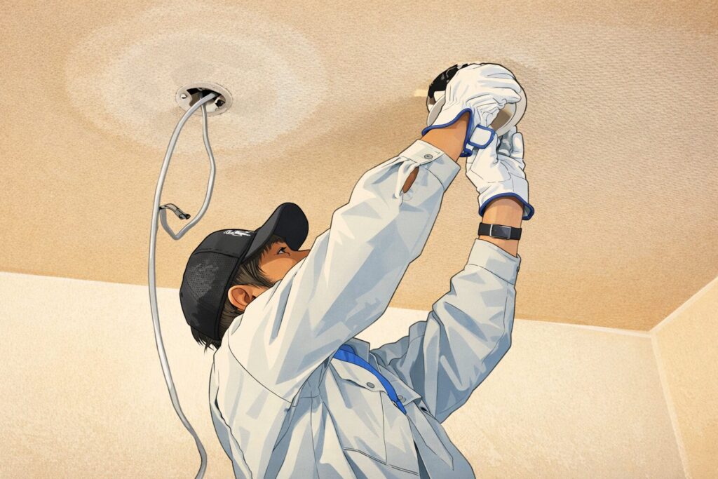 天井に露出した配線へ照明器具を取り付ける作業員を下から見上げた構図のイラスト。作業着と手袋を着用し、両手で丸型の照明器具を固定している様子が描かれている。