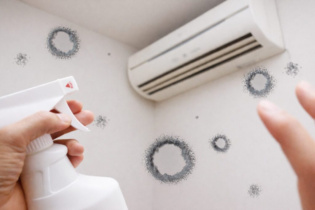 壁に設置されたエアコンの前で、スプレーボトルを手に持ち、空気中に舞うホコリやカビ汚れをイメージした粒子に向けて噴霧している室内環境の様子