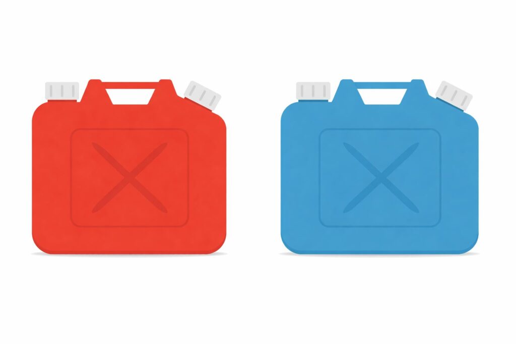 赤色と青色の灯油用ポリタンクが横並びに配置されたイラスト。どちらも正面にX字の成形模様があり、白いキャップと持ち手が付いたシンプルなデザインで、背景は白一色。